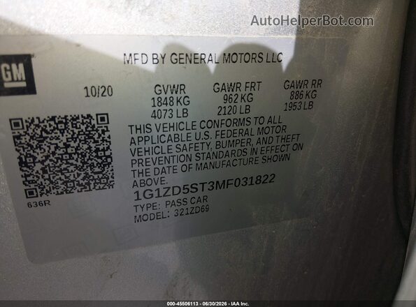 1G1ZD5ST3MF031822 2021 CHEVROLET MALIBU Silver Widok komory silnika