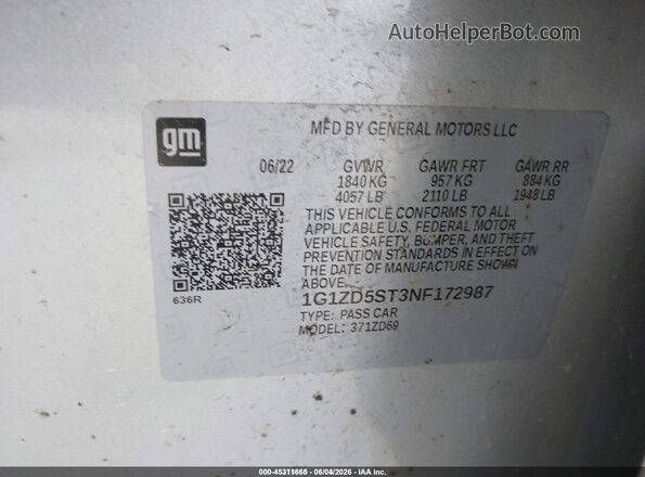 1G1ZD5ST3NF172987 2022 CHEVROLET MALIBU Silver Вид підкапотного простору