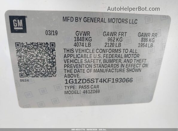 1G1ZD5ST4KF193066 2019 CHEVROLET MALIBU White Engine compartment view