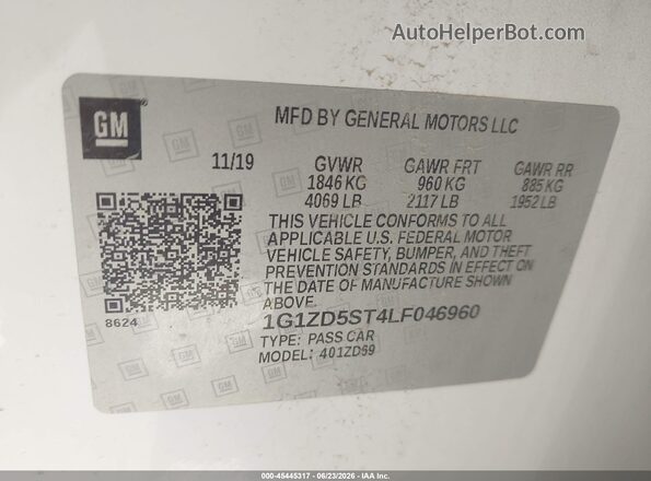 1G1ZD5ST4LF046960 2020 CHEVROLET MALIBU White Вид підкапотного простору