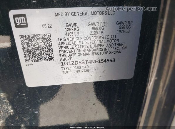 1G1ZD5ST4NF154868 2022 CHEVROLET MALIBU Черный Вид подкапотного пространства
