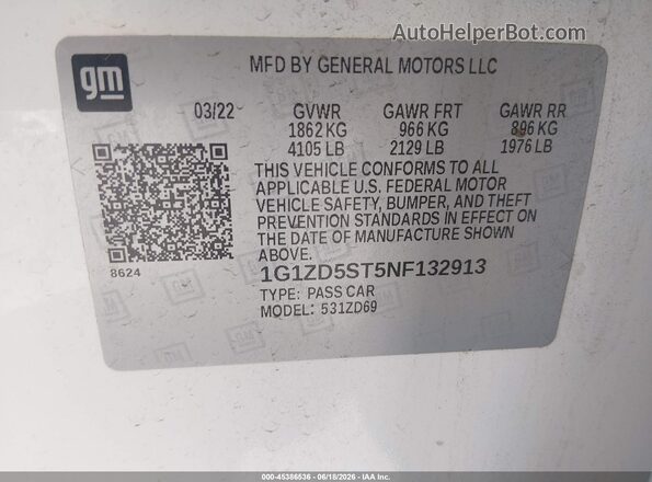 1G1ZD5ST5NF132913 2022 CHEVROLET MALIBU White Vista del compartimento del motor