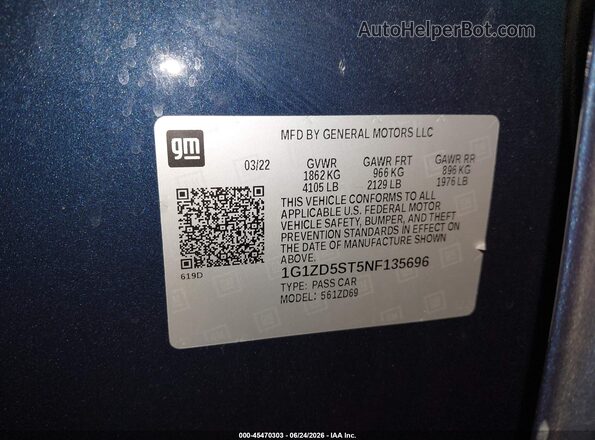 1G1ZD5ST5NF135696 2022 CHEVROLET MALIBU Синий Вид подкапотного пространства