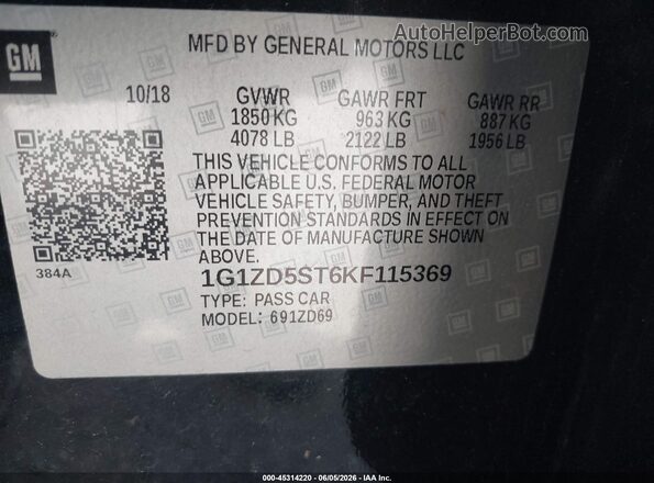1G1ZD5ST6KF115369 2019 CHEVROLET MALIBU Black ძრავის განყოფილების ხედი
