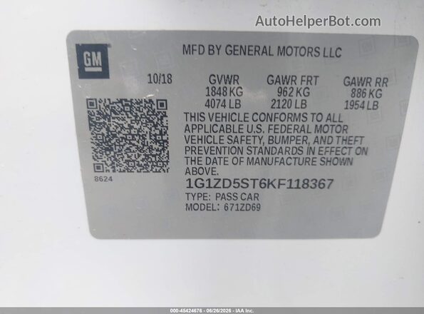 1G1ZD5ST6KF118367 2019 CHEVROLET MALIBU Белый Вид подкапотного пространства