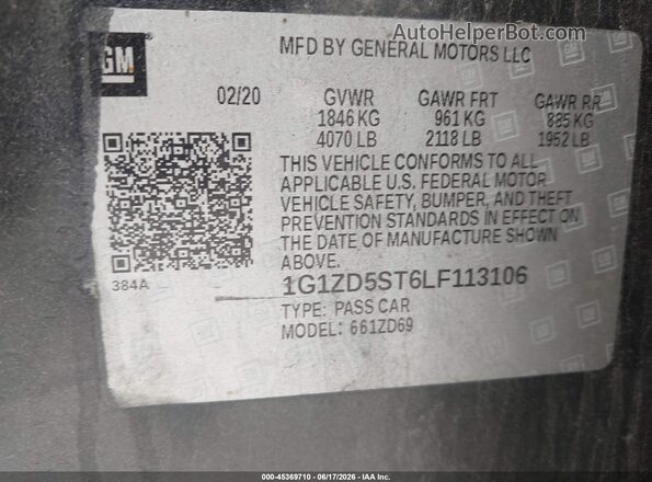 1G1ZD5ST6LF113106 2020 CHEVROLET MALIBU Черный Вид подкапотного пространства