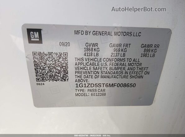 1G1ZD5ST6MF008650 2021 CHEVROLET MALIBU White Engine compartment view