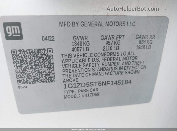 1G1ZD5ST6NF145184 2022 CHEVROLET MALIBU Белый Вид подкапотного пространства