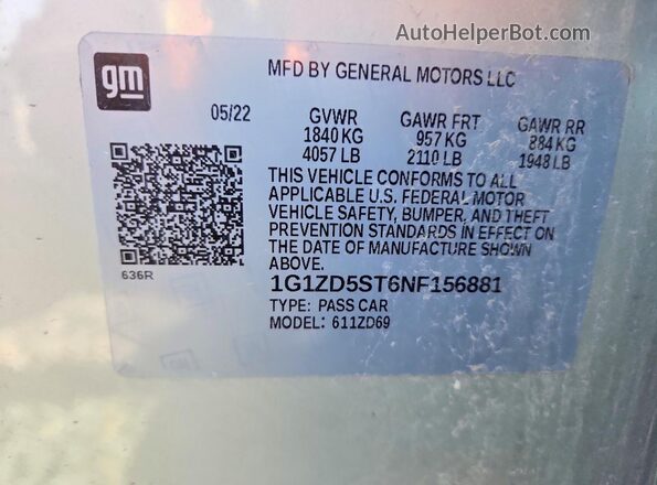 1G1ZD5ST6NF156881 2022 CHEVROLET MALIBU Silver VIN კოდის სტიკერის ხედი