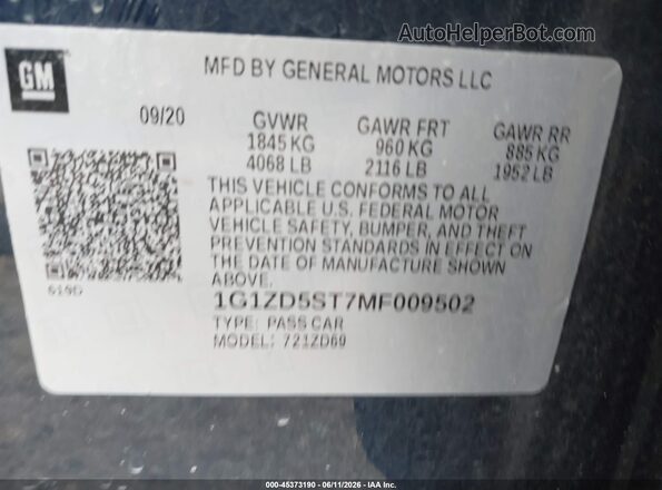 1G1ZD5ST7MF009502 2021 CHEVROLET MALIBU Blue Շարժիչի բաժամունքի տեսք