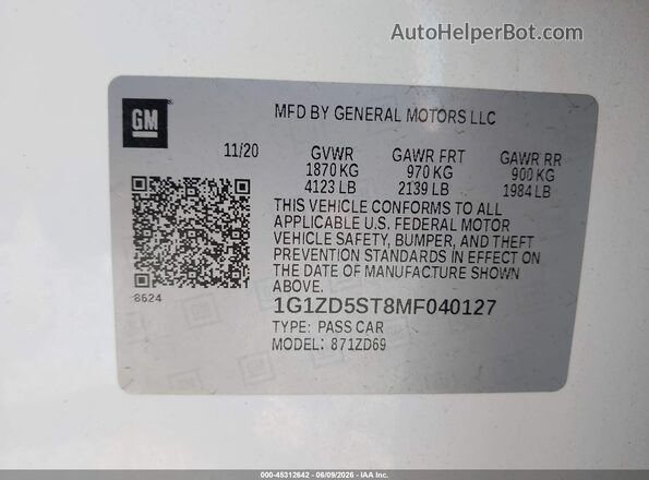 1G1ZD5ST8MF040127 2021 CHEVROLET MALIBU Белый Вид подкапотного пространства