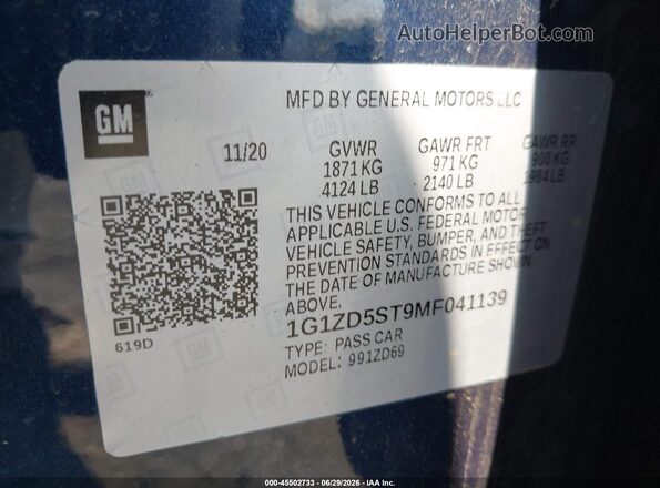 1G1ZD5ST9MF041139 2021 CHEVROLET MALIBU Blue ძრავის განყოფილების ხედი