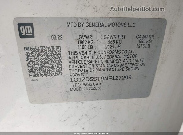 1G1ZD5ST9NF127293 2022 CHEVROLET MALIBU Белый Вид подкапотного пространства