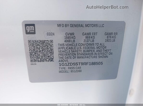 1G1ZD5ST9RF188505 2024 CHEVROLET MALIBU White Engine compartment view