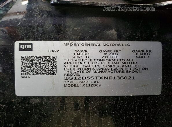 1G1ZD5STXNF136021 2022 CHEVROLET MALIBU Black 