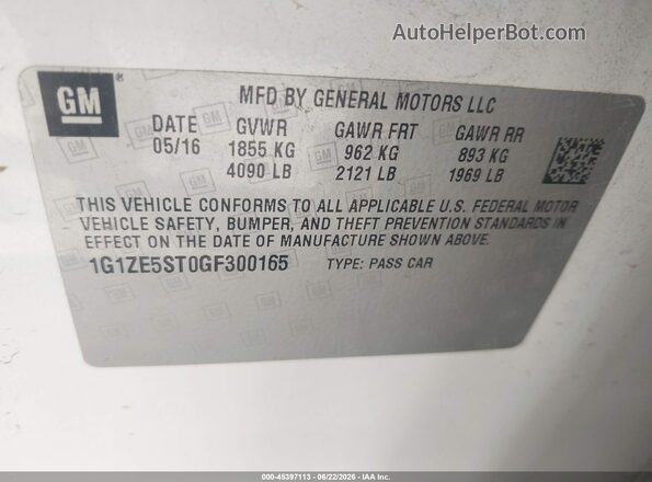 1G1ZE5ST0GF300165 2016 CHEVROLET MALIBU White ძრავის განყოფილების ხედი
