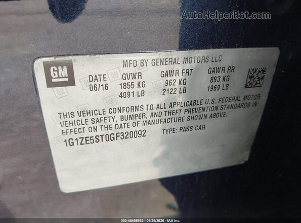 1G1ZE5ST0GF320092 2016 CHEVROLET MALIBU Blue Vista del compartimento del motor
