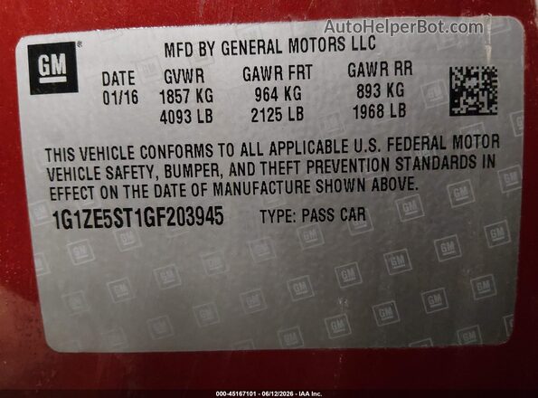 1G1ZE5ST1GF203945 2016 CHEVROLET MALIBU Red 