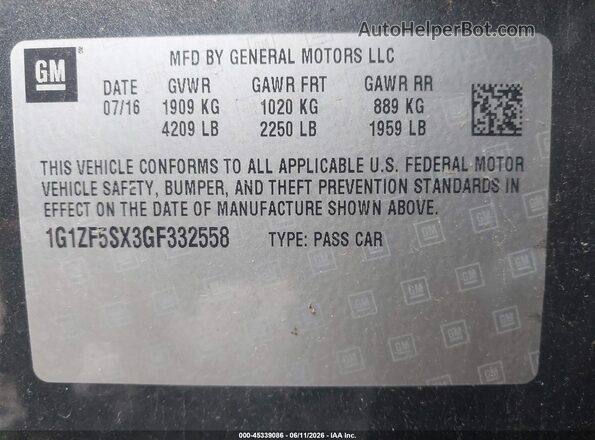 1G1ZF5SX3GF332558 2016 CHEVROLET MALIBU Серый Вид подкапотного пространства
