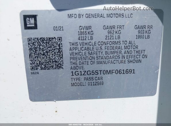 1G1ZG5ST0MF061691 2021 CHEVROLET MALIBU White ძრავის განყოფილების ხედი
