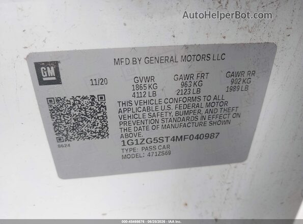 1G1ZG5ST4MF040987 2021 CHEVROLET MALIBU Белый Вид подкапотного пространства