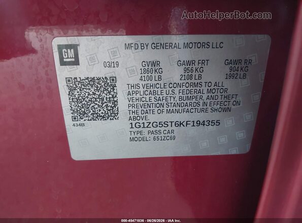 1G1ZG5ST6KF194355 2019 CHEVROLET MALIBU Red ძრავის განყოფილების ხედი
