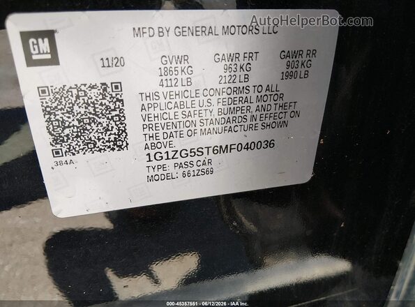 1G1ZG5ST6MF040036 2021 CHEVROLET MALIBU Black Widok komory silnika
