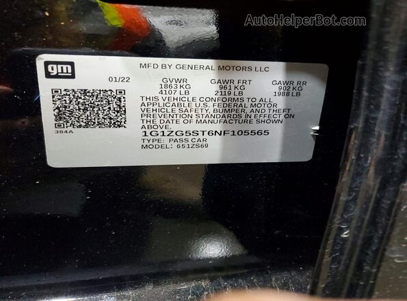 1G1ZG5ST6NF105565 2022 CHEVROLET MALIBU Black Вид наклейки з VIN-кодом