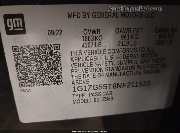 1G1ZG5ST8NF211533 2022 CHEVROLET MALIBU Black Вид підкапотного простору