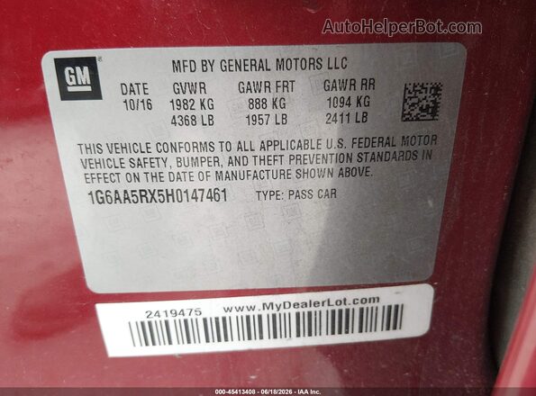 1G6AA5RX5H0147461 2017 CADILLAC ATS Red Շարժիչի բաժամունքի տեսք