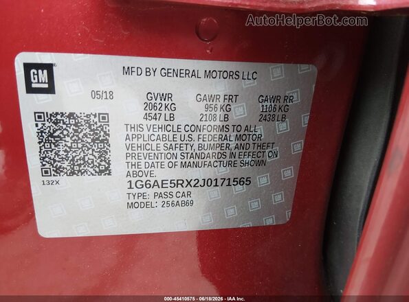 1G6AE5RX2J0171565 2018 CADILLAC ATS Red ძრავის განყოფილების ხედი