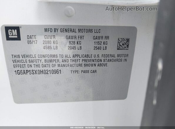 1G6AP5SX0H0210961 2017 CADILLAC CTS White Շարժիչի բաժամունքի տեսք