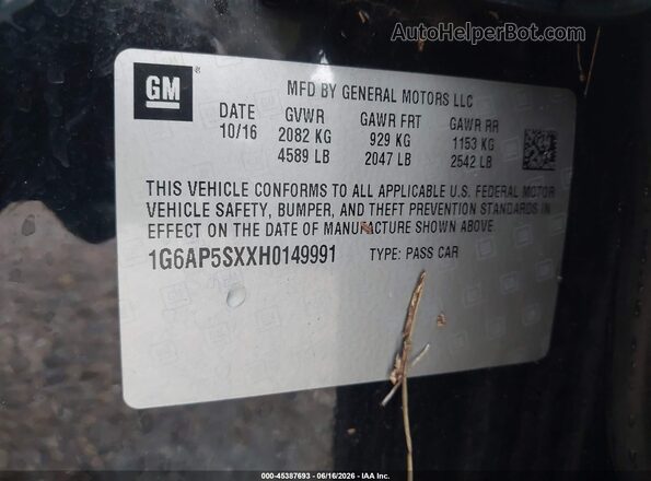 1G6AP5SXXH0149991 2017 CADILLAC CTS Черный Вид подкапотного пространства
