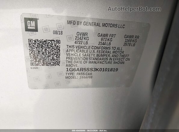 1G6AR5SS3K0101819 2019 CADILLAC CTS Silver ძრავის განყოფილების ხედი