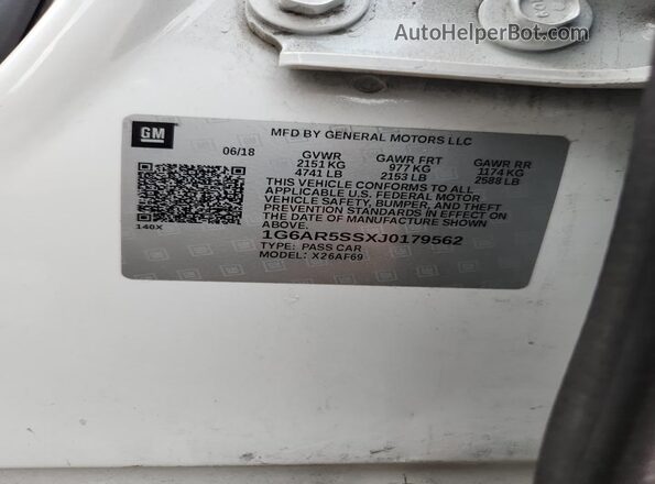 1G6AR5SSXJ0179562 2018 CADILLAC CTS White Vista de la etiqueta del VIN