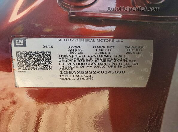 1G6AX5SS2K0145638 2019 CADILLAC CTS Burgundy VIN sticker view