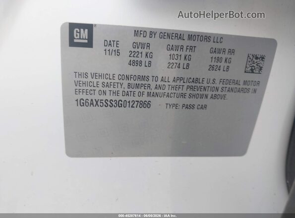 1G6AX5SS3G0127866 2016 CADILLAC CTS White Vista del compartimento del motor