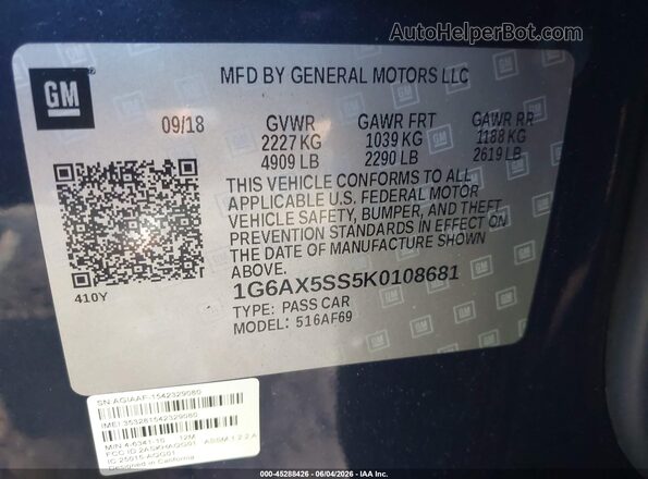 1G6AX5SS5K0108681 2019 CADILLAC CTS Blue ძრავის განყოფილების ხედი
