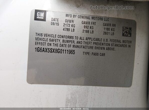 1G6AX5SX8G0111965 2016 CADILLAC CTS White ძრავის განყოფილების ხედი