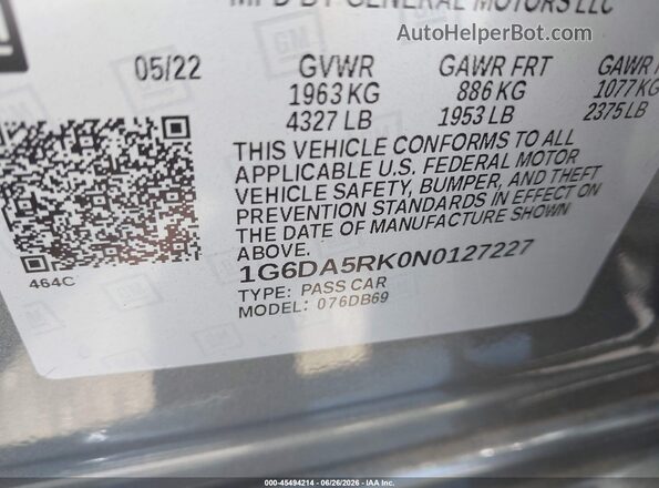 1G6DA5RK0N0127227 2022 CADILLAC CT4 Gray Вид підкапотного простору