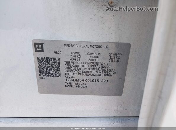 1G6DM5RK0L0151323 2020 CADILLAC CT5 White Vista de la etiqueta del VIN