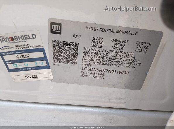 1G6DN5RK7N0119033 2022 CADILLAC CT5 White Engine compartment view