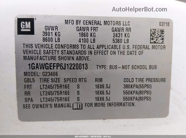 1GAWGEFP6J1220013 2018 CHEVROLET EXPRESS White Engine compartment view