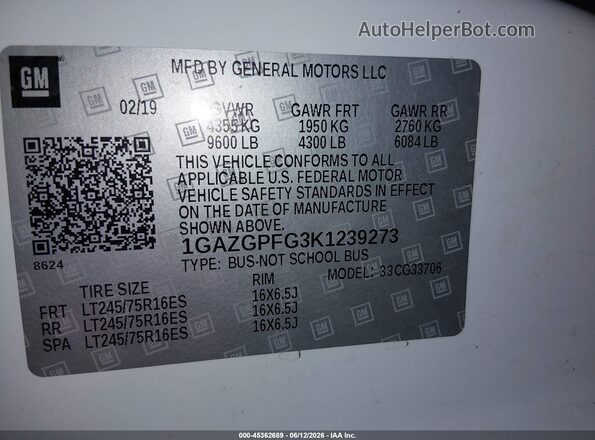 1GAZGPFG3K1239273 2019 CHEVROLET EXPRESS White Engine compartment view