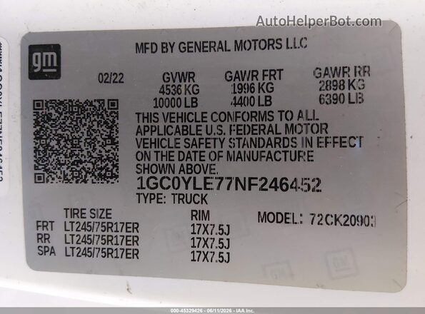 1GC0YLE77NF246452 2022 CHEVROLET SILVERADO White 