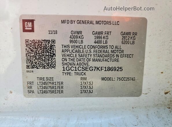1GC1CSEG7KF186925 2019 CHEVROLET SILVERADO White VIN կոդի պիտակի տեսք