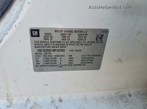 1GC1CVEG1HF107002 2017 CHEVROLET SILVERADO White VIN კოდის სტიკერის ხედი