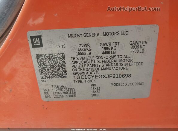1GC1CYEGXJF210698 2018 CHEVROLET SILVERADO Orange Вид підкапотного простору