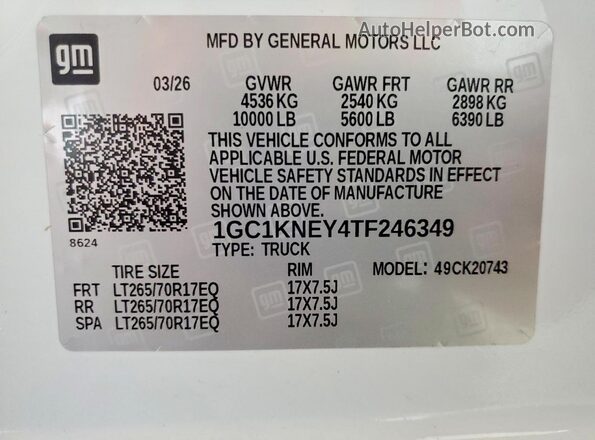 1GC1KNEY4TF246349 2026 CHEVROLET SILVERADO White VIN კოდის სტიკერის ხედი