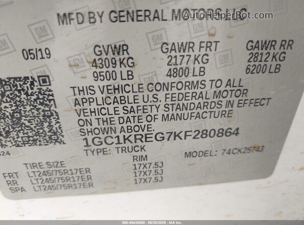 1GC1KREG7KF280864 2019 CHEVROLET SILVERADO White ძრავის განყოფილების ხედი